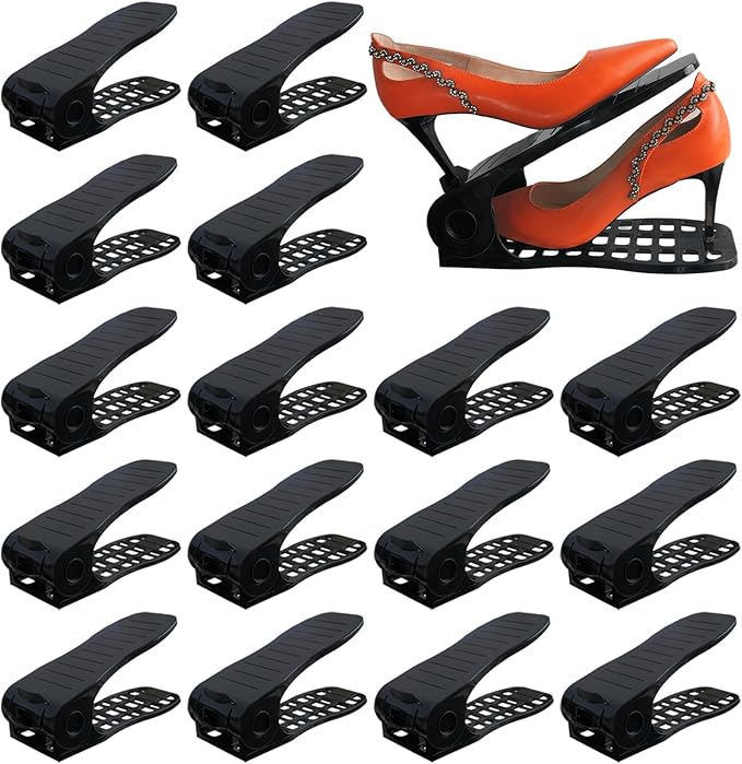 Shoe Slots Organizer, 16PCS No Assembly Required Thickening Adjustable Double Layer Stack Shoe Rack, 50% Space-Saving Storage Rack Holder, Black