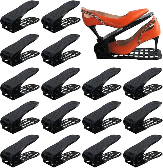 Shoe Slots Organizer, 16PCS No Assembly Required Thickening Adjustable Double Layer Stack Shoe Rack, 50% Space-Saving Storage Rack Holder, Black