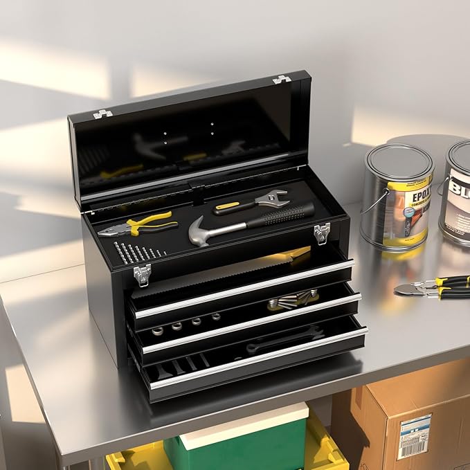 Metal Tool Box, 3-Drawer Tool Box with Carry Handle, 2 Latches & Liner, Portable Tool Chest Storage Box Organizer for Garage, Warehouse & Repair Shop (Black)