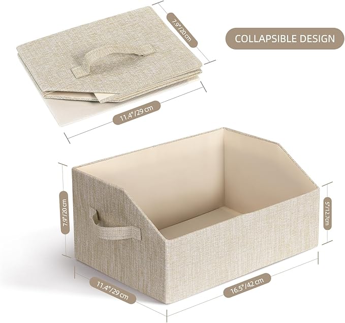 Closet Organizer Bins, Fabric Storage Bins Foldable Storage Box Shelf Baskets Container Trapezoid Storage Bin for Organizing Home Office Shelves Wardrobe RV, 4 Pack, Beige