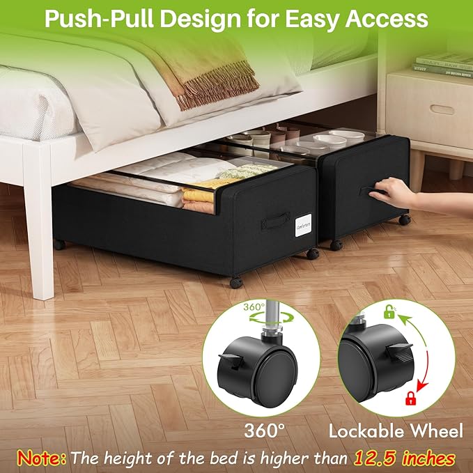 Webetop Under Bed Storage Containers with Wheels,12 inch Under the Bed Storage Bins with Clear Lid for Underneath Small Spaces Dorms, Blankets (2 Pack, 30.7"x17.3"x12")