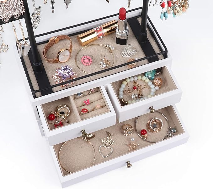 OLAKEE Jewelry Organizer - 2 Layer Wooden Jewelry Drawer Storage Box with 6 Tier Jewelry Tree Stand, Jewelry Display for Necklaces Bracelet Earring Ring (Rustic White)