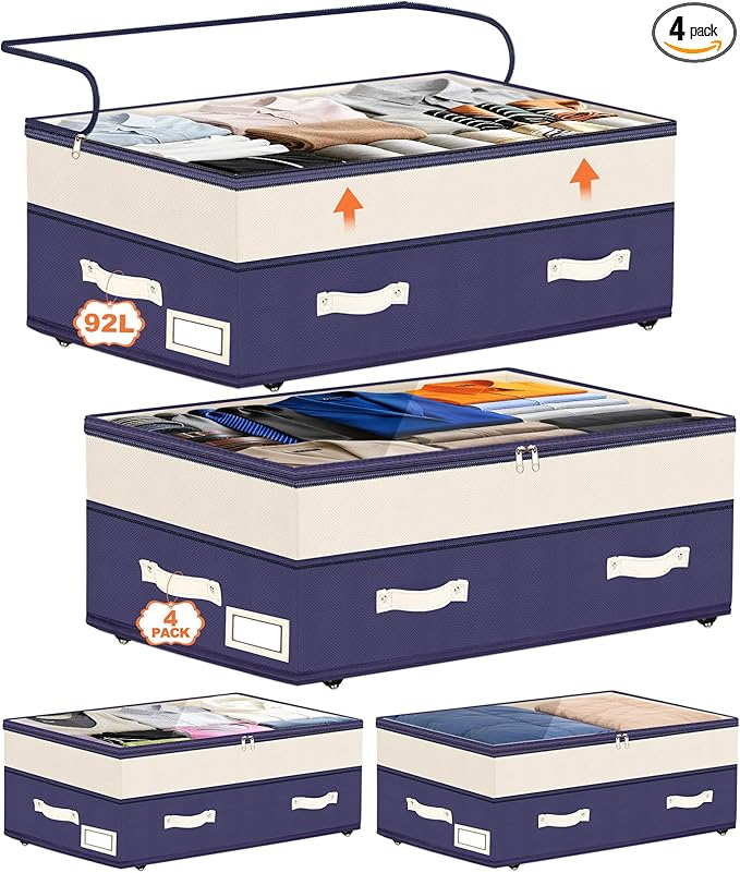 Dolicer 4 Pack Under Bed Storage with Wheels, 6in-10in Height Adjustable Underbed Storage Containers, 92L XXXL Under Bed Drawers Rolling Bin with Clear Lids for Dorm Shoes Clothes Organizers(Blue)