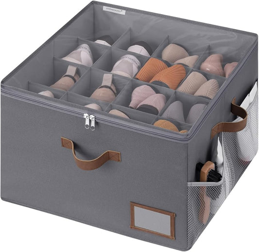 StorageWorks Shoe Organizer for Closet, Fits up to 16 Pairs, Shoe Cubby Storage Containers with Side Mesh Pocket and Clear Cover, Grey