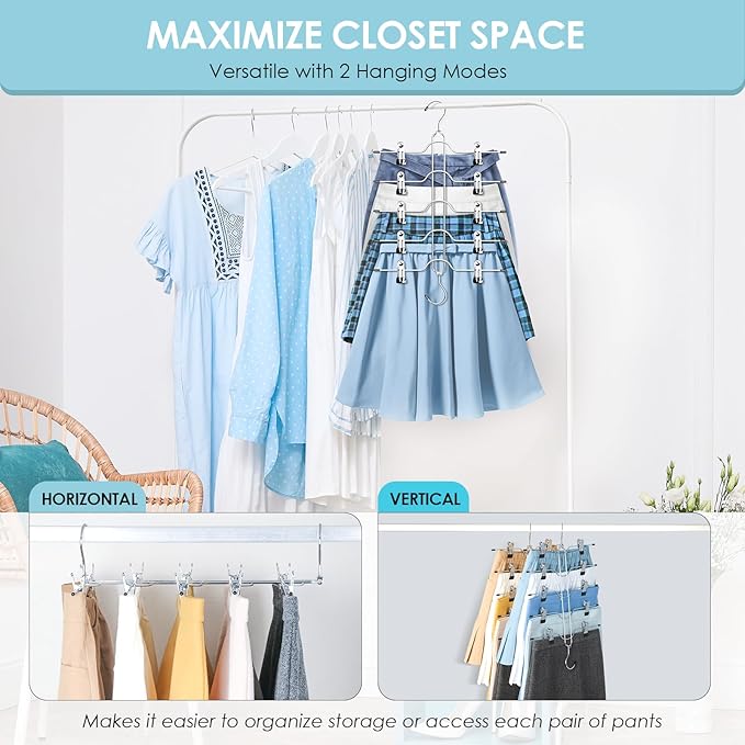 Skirt Hangers with Clips, Jadkysarh 5 Tier Pants Skirt Hangers Space Saving Multi Shorts Hangers with Adjustable Clips Closet Organizer and Storage for Jeans, Leggings 4 Pack