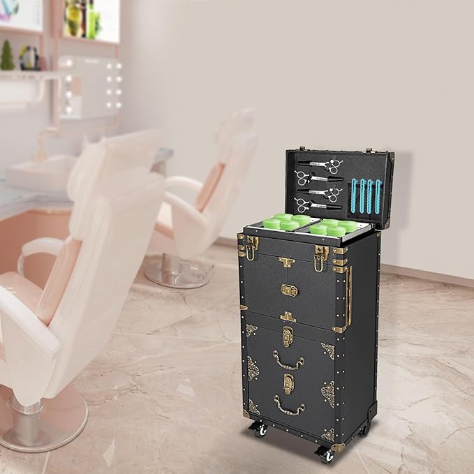 Rolling Makeup Train Case, Hairdressing Trolley Stylist Beauty Salon Cosmetic Luggage, Travel Organizer Tool Box with Hair Dryer Holder, Lockable Travel Makeup Trolley (Style 4)