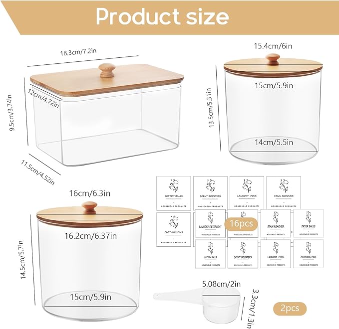 3 Pack Laundry Room Organization Storage Containers, Clear Large Laundry Detergent Powder Storage Containers with Wooden Lids & 16 Labels,Laundry Pods Holder for Scent Booster,Powder,Pods