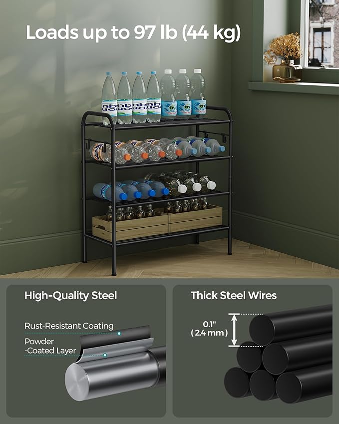 SONGMICS Shoe Rack, 4-Tier Shoe Organizer, Metal Shoe Shelf Storage with 4 Side Hooks, Holds 16 Pairs of Shoes, Height-Adjustable Shoe Rack for Entryway, Hallway, Closet, Ink Black ULMR069B01