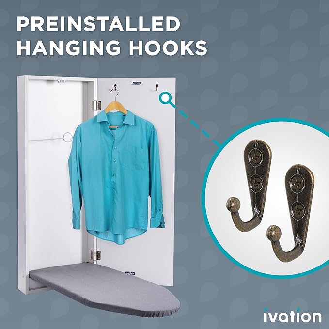 Ivation Wall-Mounted Swivel Ironing Board Cabinet, Foldable Ironing Storage Station for Home, Apartment, Easy-Release Lever, Garment Hooks, White