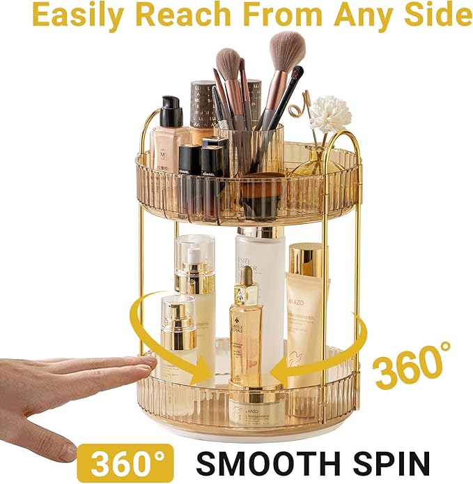 360 Rotating Makeup Organizer,2 Tier Large Capacity Make Up Organizers and Storage,Skincare Perfume Vanity Organizers,Bathroom Cosmetics Storage Organizer Countertop(Gold)