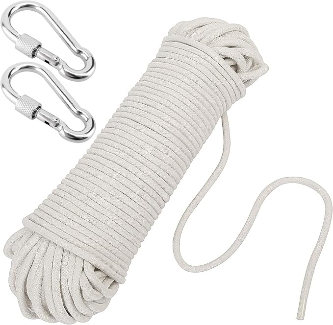 KEILEOHO 164 FT 1/4 Inch White Cotton Rope, Clothesline Rope, Craft Knitting Dream Catcher Rope, Cotton Clothesline for DIY Rope Basket Bowl Mat Candle Replacement Wick, with 2 Stainless Steel Hooks