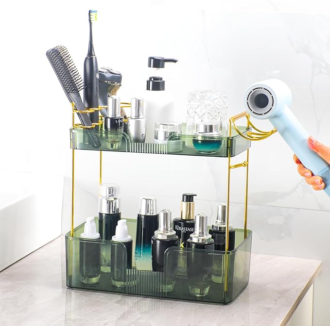2 Tier Bathroom Organizer Countertop Makeup Perfume Tray Skincare Organizer Comes with Hair Dryer Rack and Toothbrush Holder for Bathroom Dresser Vanity (Green)
