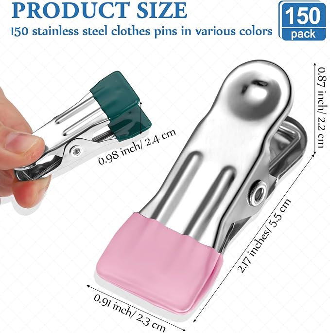 Honeydak 150 Pcs Stainless Steel Clothes Pins 2.17 Inch Heavy Duty Clips Bulk Bag Clips for Food Metal Clothespins for Laundry Clothes Line, Sock, Photo, Towel, Snack