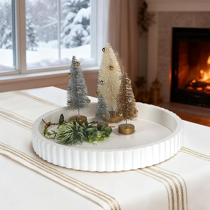 Decorative Tray for Coffee Table, 12'' Resin Modern Decorative Tray for Home Decor, Elegant Table Centerpiece White Round Fluted Serving Vanity Tray for Bathroom Kitchen Living Room Decor