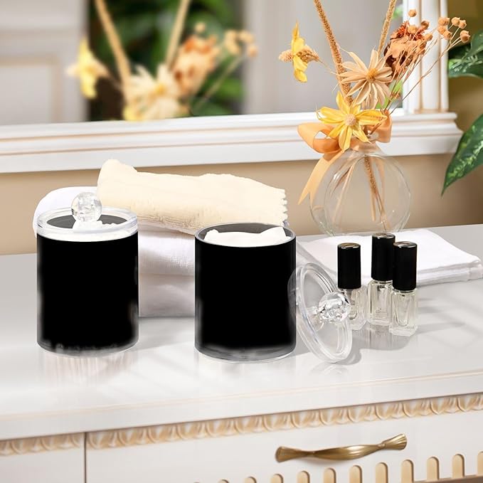 Qilmy Solid Black Qtip Holder 2 Pack, 14 oz Apothecary Jars Bathroom Vanity Organizer Canister for Qtips, Cotton Swabs, Cotton Balls, Cosmetic Pads, Flossers, Bath Salts