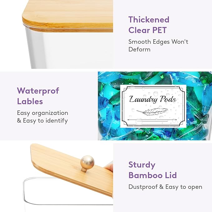 Lifewit Large Laundry Pods Container& Dryer Sheet Holder, Plastic Detergent Dispenser, Laundry Room Organization Storage Jars for Powder, Soap, Scent Booster Beads,Bamboo Lid,0.53+0.7 gal,4 Pcs