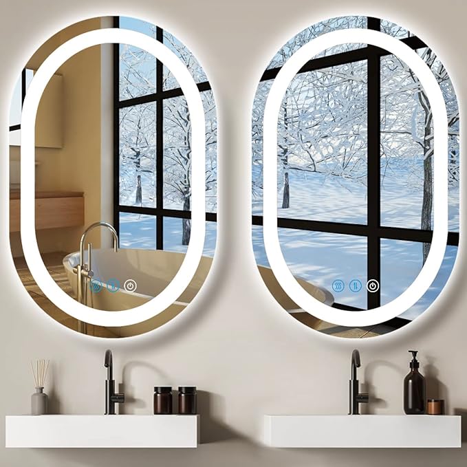 24 x 16 Inch Oval LED Bathroom Mirror with Front Lights Smart Memory 3 Color Adjustable Brightness Anti-Fog 24 Inch Oval Lighted Vanity Mirror for Bathroom Wall Horizontal Vertical Mounted