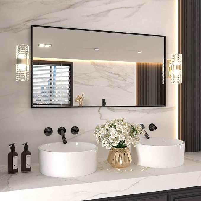LOAAO 55"X30" Black Rectangle Bathroom Mirror Wall, Matte Black Aluminum Alloy Frame, Tempered Glass, Hangs Vertically or Horizontally, Easy to Install