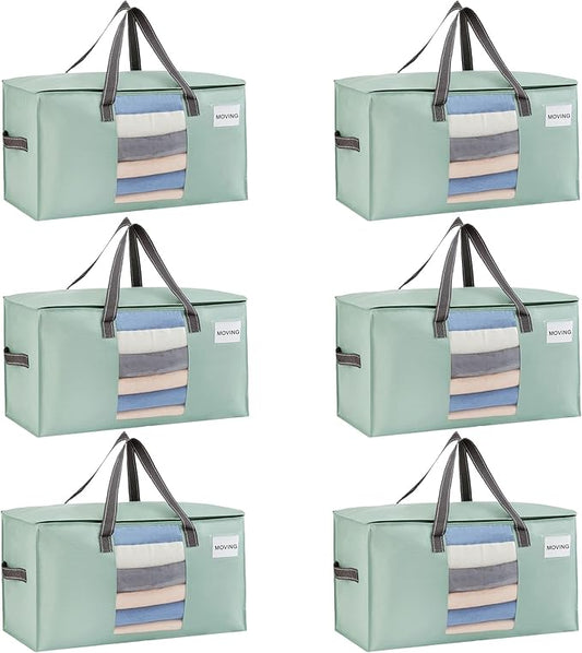 VENO 6 Pack Moving Bags, Christmas Storage Bins, Moving Boxes Alternative, Comforter and Blanket Storage Bags, College Dorm Packing Supplies, Foldable Heavy-Duty Tote (Light Green Matte, 6 Pack)
