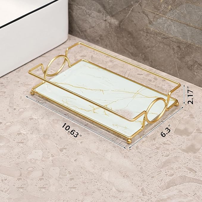 Vanity Bathroom Counter Tray Gold Glass Perfume Organizer Holder Cosmetics Makeup Skincare Display Decorative Vanity Trays Storage Rack for Bathroom Dresser Bedroom (1 Tier Platinum-Small)