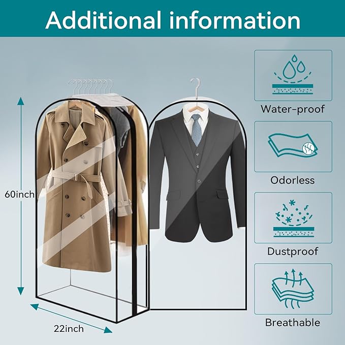 10” Gusseted Clear Garment Bags, 40” Hanging Suit Bags for Closet Storage - Protect Clothes, Suits, Coats, Dresses - 3 Pack (60 inch)