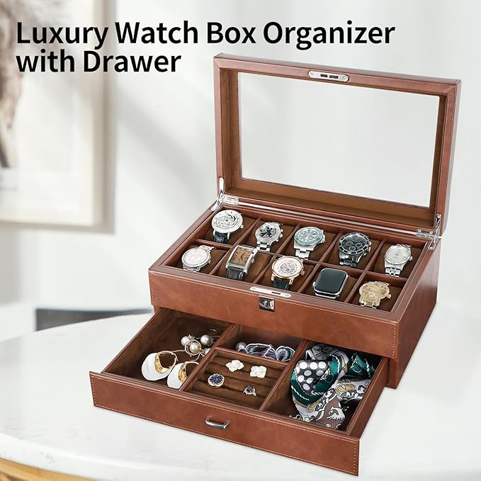Leather Watch Box with Drawer-10 Slots Locking Jewelry Watches Holder for Men-Luxury Watch Case Display Organizer-2 Tier Organizer Watch Showcase-Storage Case