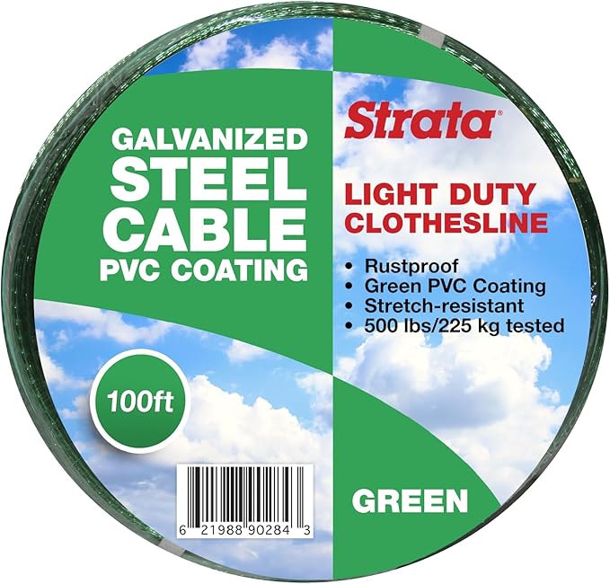 Strata Clothesline - Galvanized Steel Cable - PVC Coasting (100', Green)