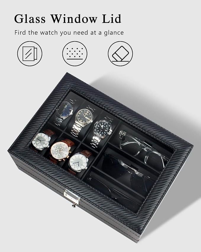 GUKA Watch box, 6 Slot Watch Case, 3 Slot Sunglass Organizer, Watch Cases for men with Real Glass Lid, Watch Organizer storage with Jewelry Case, Birthday for Men and Women, Black