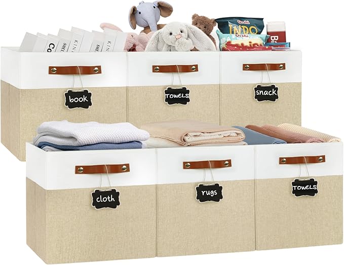 13x13 Storage Cubes 6-Pack, Large Foldable Fabric Cube Storage Bin with Reinforced Bottom and Labels, Organizer Baskets for Shelves, Closets(White/Khaki)