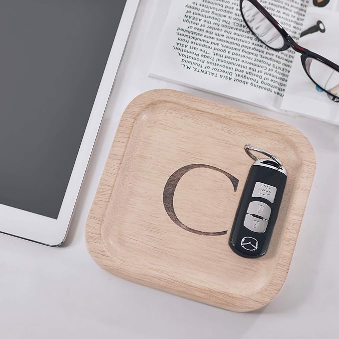 I'm Wooden Personalized Letter Catchall Valet Tray Trinket Dish Jewelry Tray Key Bowl Decorative Plate Organizing Ring Earrings Necklaces Bracelet Watch Coins Wallet Holder (6"x6" Sq Natural C)