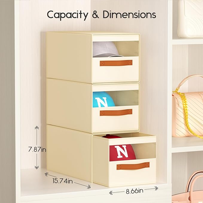 Hat Organizer for Baseball Caps - 2 Pack Pull-Out Drawer Hat Storage Organizer Box with Clear Window, Stackable Closet Cap Holder, Baseball Cap Organizer for Closet, Bedroom, Home, Beige