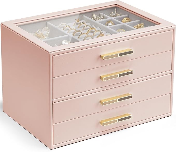 Vlando 4 Layer Jewelry Box for Women, Glass Lid Jewelry Organizer with 4 Drawers for Necklaces Rings Earrings Bracelets - Dark Pink