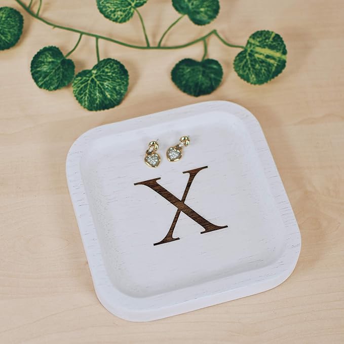 I'm Wooden Personalized Letter Catchall Valet Tray Trinket Dish Jewelry Tray Key Bowl Decorative Plate Organizing Ring Earrings Necklaces Bracelet Watch Coins Wallet Holder (6"x6" Sq White X)
