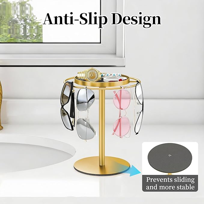 LSK Metal Sunglasses Organizer, Glasses Holder Stand with Storgae Tray, Eyeglasses Holder with Anti-Slip Pads for Tabletop, Desk, Dresser, Gold