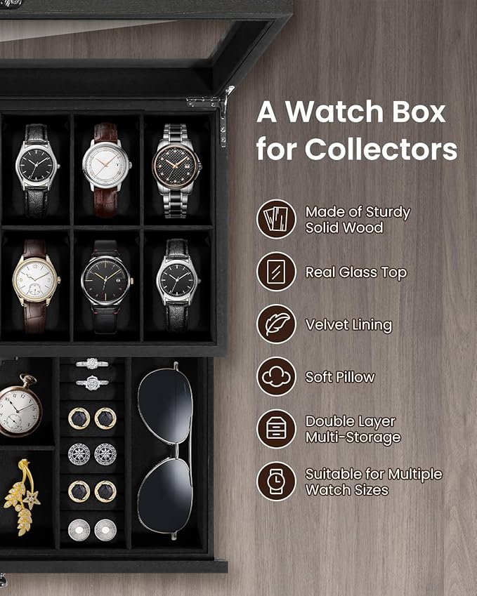 Uten 12-Slot Watch Box, 2-Layers Solid Wood Watch Display Case with Glass Lid, Watch Holder Organizer with Soft Pillow and Velvet Lining, Watch and Jewelry Storage Box, Black