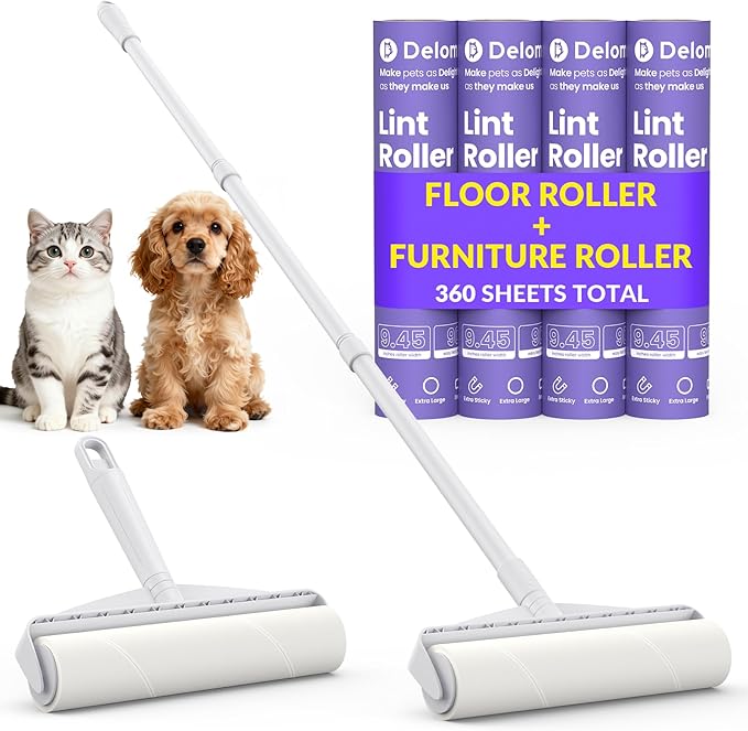 DELOMO Two Large Lint Roller Set for Pet Hair: 9.45” Extra-Wide Sticky Rollers - Long Handle for Floors & Carpets and Short Handle for Couches & Furniture - 360 Sheets Total - for Multi-Pet Homes
