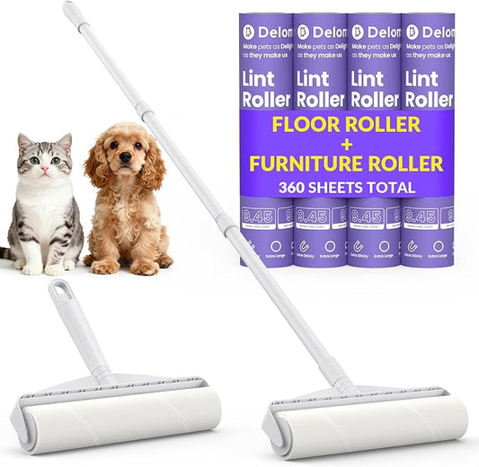 DELOMO Two Large Lint Roller Set for Pet Hair: 9.45” Extra-Wide Sticky Rollers - Long Handle for Floors & Carpets and Short Handle for Couches & Furniture - 360 Sheets Total - for Multi-Pet Homes