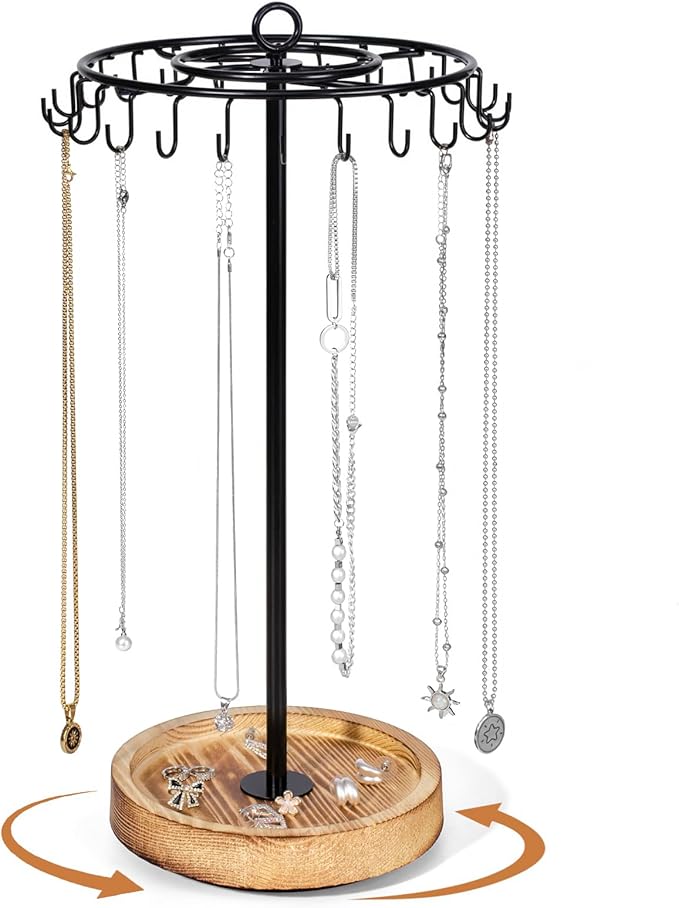 Rotating Necklace Holder, Necklace Organizer Tree Stand with 24 Hooks, Jewelry Necklace Display Stand, Wooden & Metal, Tall Spinning for Vendors Retail, Valentine's Gift for Women, Vintage Black