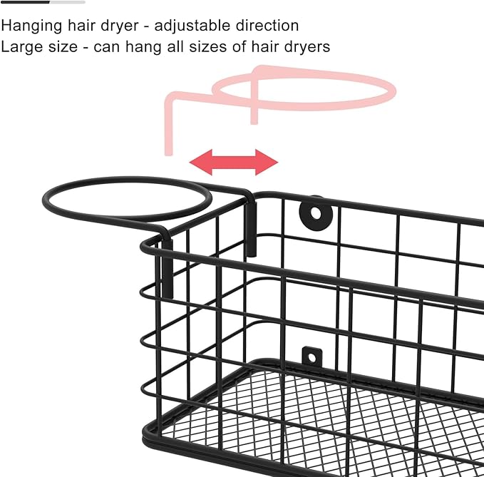 Wall-Mounted Hair Dryer Holder Styling Tool Organizer 4-Shelf Storage Wire Basket with Hook Heat Safe Rack for Hair-Straighteners,Curling Wands,Flat Iron,Perfume,Cabinet Door Bathroom Kitchen