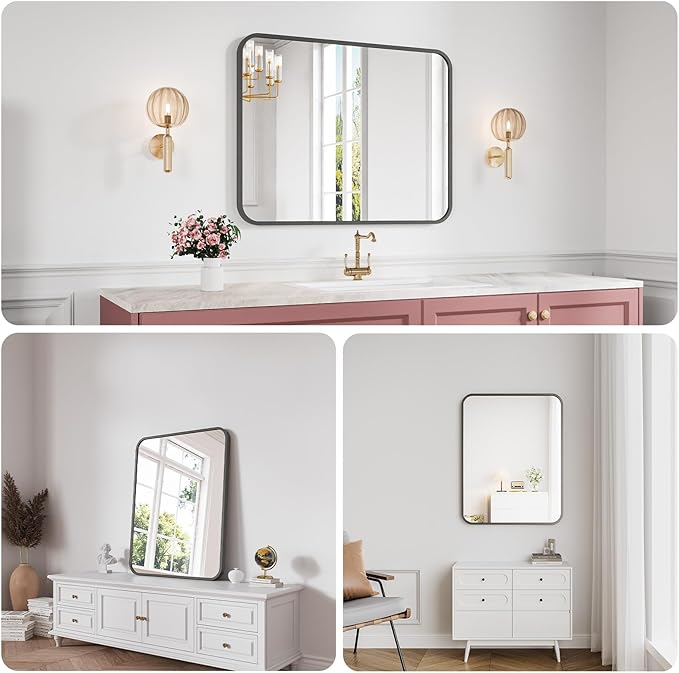 Koonmi Bathroom Mirror, 28X32 Inch Black Metal Framed Mirror for Bathroom, Tempered Glass, Anti-Rust, Rounded Rectangle Mirror for Restroom, Bedroom, Black