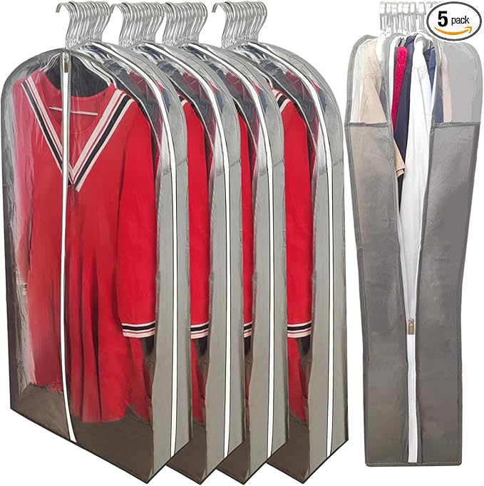 6.3"Gusseted Garment Bags for Hanging Clothes with Dual Zippers- Full Clear Front & Sides PEVA,50"Breathable Dust-proof Waterproof Dress Covers for Closet Storage,Travel,Moving,Gray,5 Pack