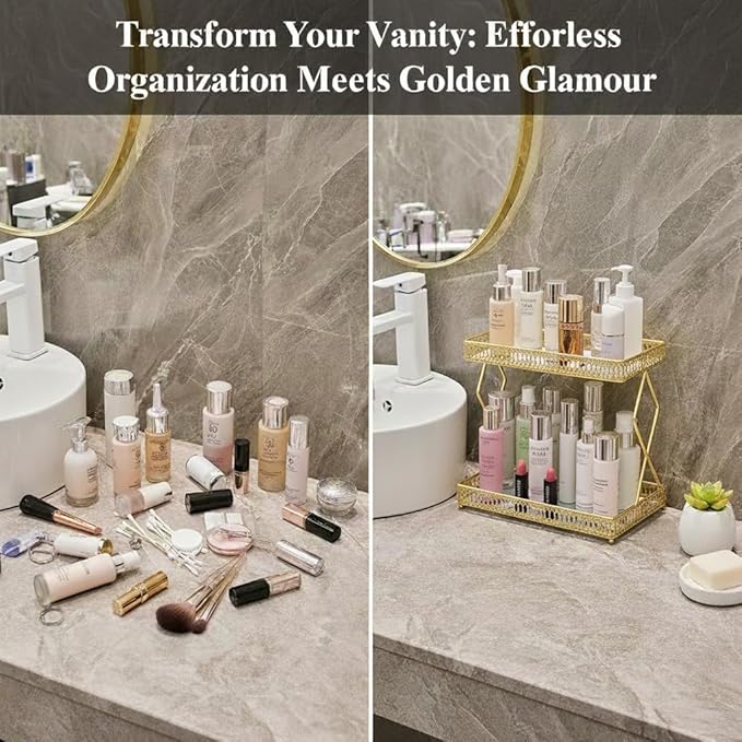 MLVOC Makeup Organizer Countertop, Gold Skincare Organizer, Durable Metal Storage for Bathroom or Bedroom Vanity, Tall Spacious Design for Large Bottles