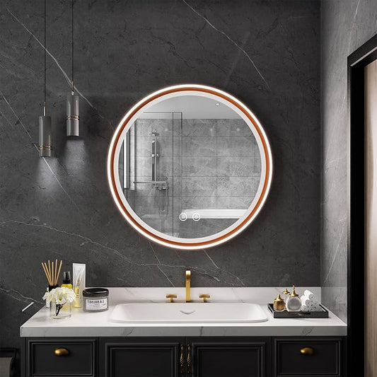 Led Bathroom Mirror with Lights, 30'' Round Heavy Duty Aluminum Frame Bathroom Vanity Mirror with Lights, 3 Colors, Brightness Stepless Dimmable, Anti-Fog, Memory Function, Double LED Orange