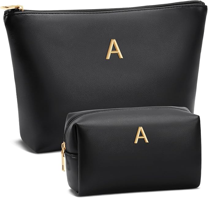 Valentine's Day Gifts for Women Girlfriend Initial Makeup Bag for Teen Girls Personalized Gifts for Friend Teacher Mom Wife Cosmetic Travel Toiletry Bag(Black,A)
