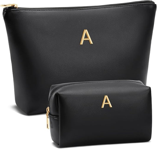 Valentine's Day Gifts for Women Girlfriend Initial Makeup Bag for Teen Girls Personalized Gifts for Friend Teacher Mom Wife Cosmetic Travel Toiletry Bag(Black,A)