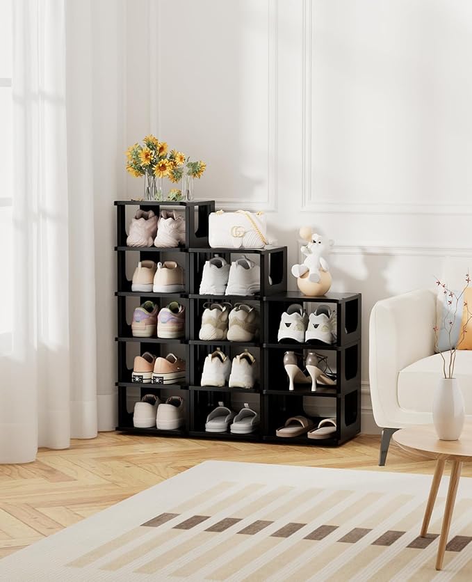 HAIXIN Shoe Organizer Rack for Small Spaces 5 Tier Plastic Vertical Narrow Shelves for Closet Black Shoe Holder, Stand for Entryway Storage Boots Organizer Stackable Cabinet