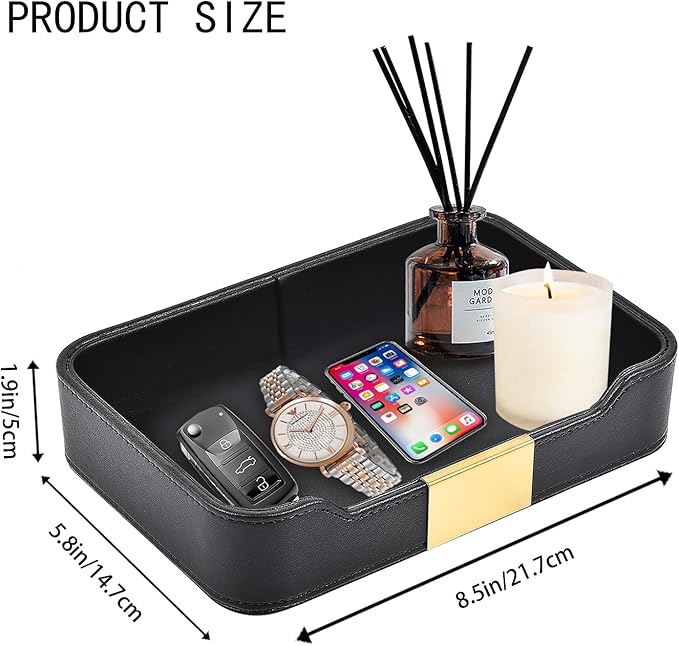 Leather Tray Desktop Storage,Luxury Nightstand Organizer Decorative Tray,for Entryway Table to Hold Jewelry Watch Cosmetics Keys Phone Wallet Home & Office Accessories,Black, 8.5L x 5.7W x 1.8H