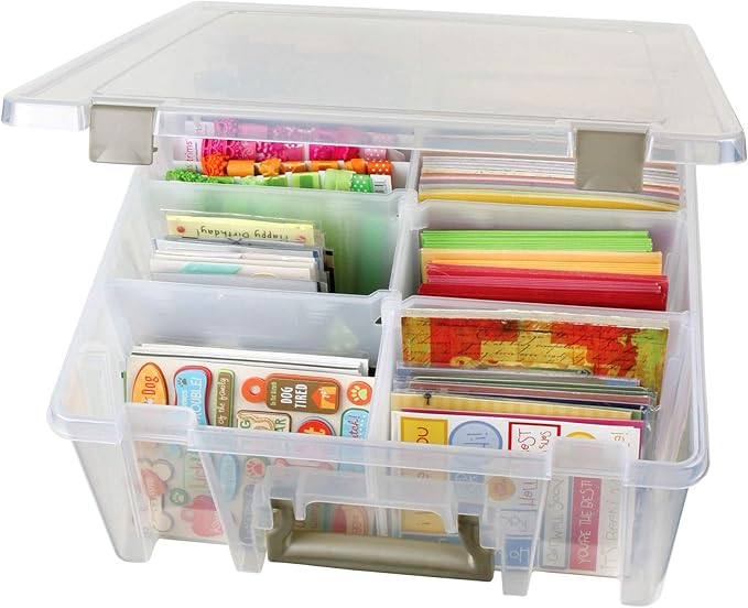 ArtBin 6990ZZ Super Satchel Double Deep 3-Pack, Portable Art & Craft Organizers with Handles, [3] Plastic Storage Cases, Clear & Gold