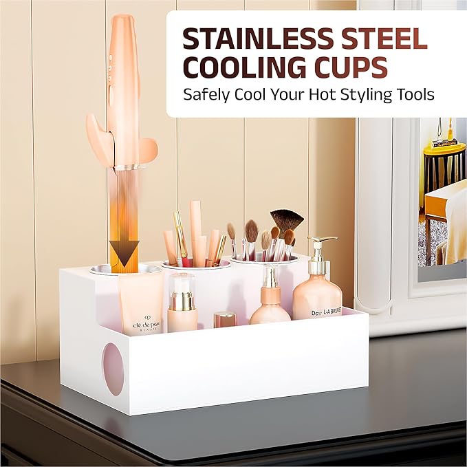Casavita White Hair Tool Organizer with Heat-Resistant Mat - Durable Acrylic Makeup Organizer Countertop for Blow Dryers, Flat/Curling Irons, & Toiletries - Stainless Steel Cups, Cord Management