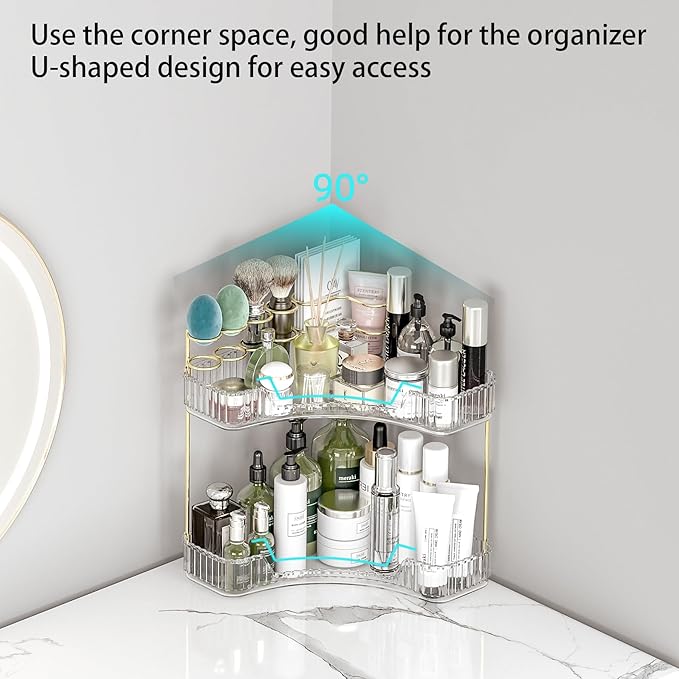 Makeup Organizer Countertop 2 Tier, Corner Bathroom Countertop Organizer with Toothbrush and Makeup Brush Holder, Corner Vanity Tray for Skincare Organization
